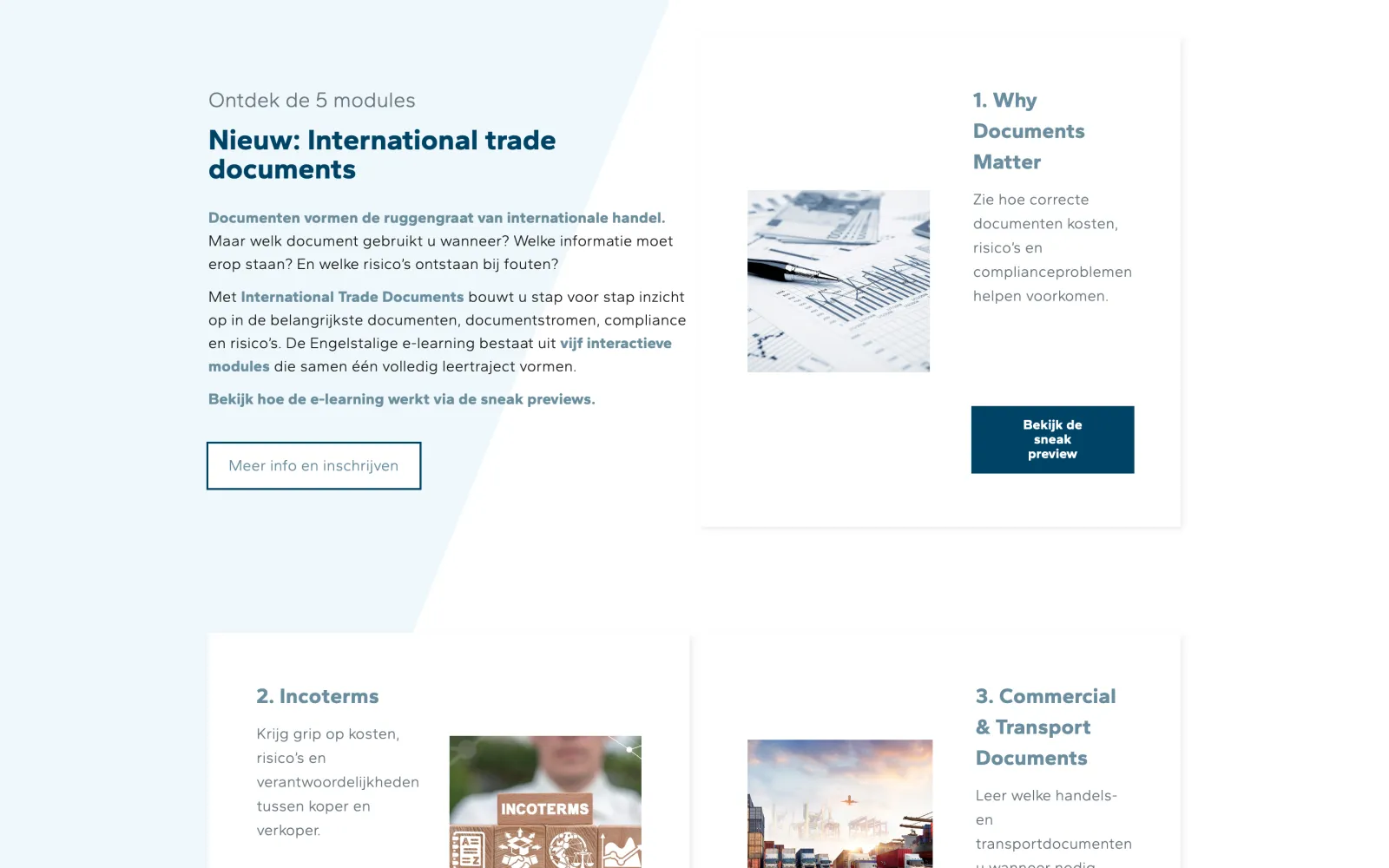 The five modules of International Trade Documents on portilog.be